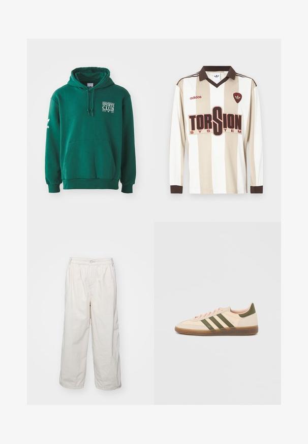 Grüne Kapuzenjacke aus weichem Stoff, mit Kängurutasche, Zugbandkapuze und weißer Textmarkierung auf der Brust und dem Ärmel.; Langärmliges Fußballtrikot in Beige mit weißen Streifen; verfügt über einen braunen Kragen und Bündchen, ein großes rotes "TORSION SYSTEM"-Logo und adidas-Branding.; Weiße Baumwoll-Hosen mit weitem Bein und elastischem Bund, ausgestattet mit einem vorderen Knopfverschluss und seitlichen Taschen. Glatte Textur und minimalistisches Design.; Flacher, beigefarbener Adidas Spezial Sneaker mit grünen Streifen, Gummisohle und "SPEZIAL" Schriftzug an der Seite, von der Außenseite gezeigt.