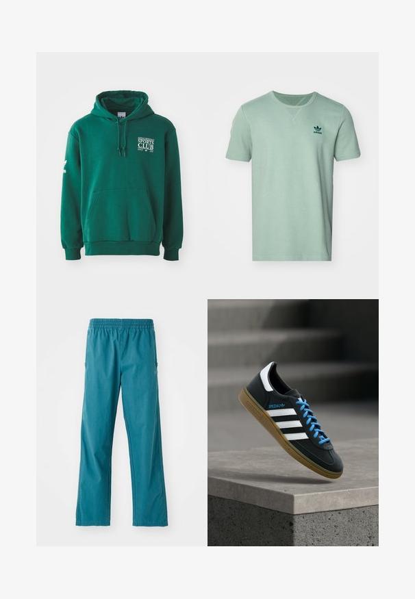 Grüne Kapuzenjacke aus weichem Stoff, mit Kängurutasche, Zugbandkapuze und weißer Textmarkierung auf der Brust und dem Ärmel.; Kurzarm-Mintgrünes T-Shirt mit strukturiertem Muster, Rundhalsausschnitt und dunkelgrünem adidas-Logo auf der linken Brust.; Türkisfarbene Hose aus leichtem Stoff, mit elastischem Bund und geradem Schnitt sowie Seitentaschen.; Schwarzer Adidas-Sneaker mit weißen Streifen, blauen Schnürsenkeln und Gummisohle, der über einer grauen Betontreppe im weichen Licht schwebt.