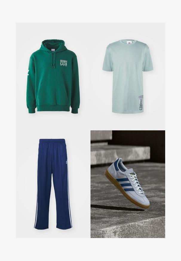 Sudadera verde hecha de tela suave, con un bolsillo canguro, capucha con cordón y un logotipo en texto blanco en el pecho y la manga.; Camiseta de algodón verde menta con mangas cortas, cuello redondo y una etiqueta lateral con detalles gráficos y rayas verticales.; Pantalones deportivos en azul marino con un corte relajado, que presentan franjas laterales blancas y una cintura elástica. Tejido suave, sin patrones visibles ni herrajes.; Zapatilla Adidas Spezial azul claro con rayas azul marino y suela de goma, mostrada en el aire sobre escalones de hormigón en un entorno exterior neutral.