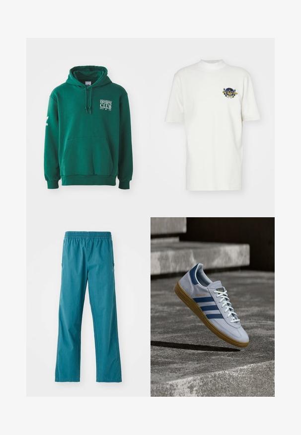 Grøn hættetrøje lavet af blødt stof, med en kengurulomme, snørehætte og hvid tekstbranding på brystet og ærmet.; adidas Originals TEE - T-shirts print - cloud white; Tyrkisfarvede bukser lavet af letvægtsstof, med elastisk talje og lige snit samt sidelommer.; Lyseblå Adidas Spezial sneakers med marineblå striber og gummisål, vist i luften over betontrapper i et neutralt udendørsmiljø.