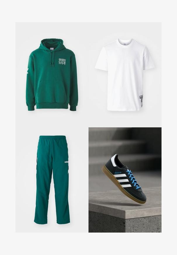 Grøn hættetrøje lavet af blødt stof, med en kengurulomme, snørehætte og hvid tekstbranding på brystet og ærmet.; Hvid bomulds-t-shirt med korte ærmer, rund halsudskæring og et sort Adidas-logo-patch på nedre venstre side. Glat struktur.; Grønne træningsbukser lavet af letvægtsstof, med elastisk talje, sidelommer og hvidt Adidas-logo på venstre side.; Sort Adidas sneaker med hvide striber, blå snørebånd og gummisål, der svæver over gråt betontrin i blødt lys.
