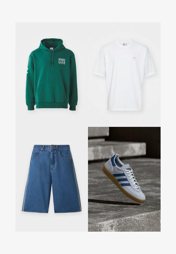 Sudadera verde hecha de tela suave, con un bolsillo canguro, capucha con cordón y un logotipo en texto blanco en el pecho y la manga.; Camiseta de algodón blanca con cuello redondo y mangas cortas. Detalles notables incluyen un pequeño logo rosa y verde en el lado izquierdo del pecho.; Pantalones cortos de mezclilla azul hasta la rodilla con bolsillos frontales, cierre de botones, trabillas para cinturón y rayas laterales blancas en cada pierna.; Zapatilla Adidas Spezial azul claro con rayas azul marino y suela de goma, mostrada en el aire sobre escalones de hormigón en un entorno exterior neutral.