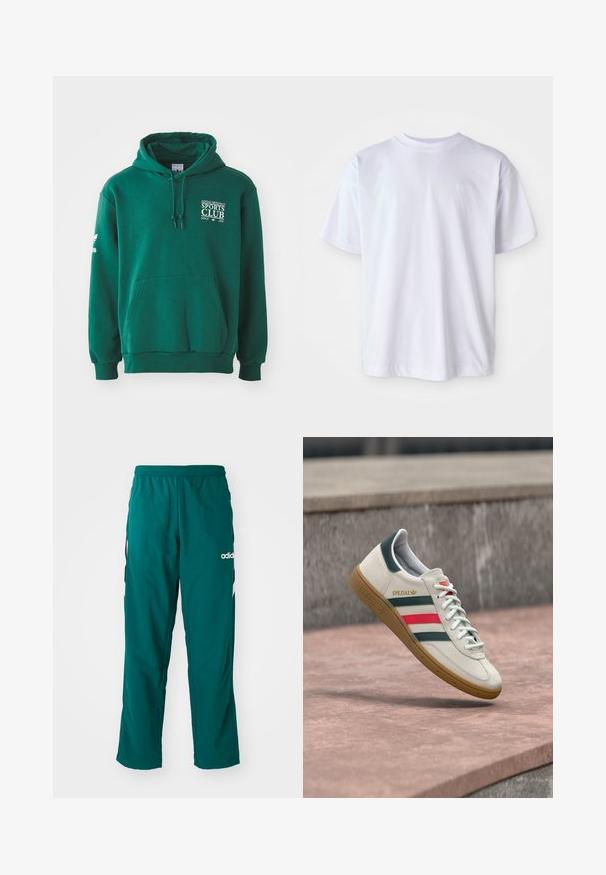 Groene hoodie van zacht materiaal, met een buidelzak, verstelbare capuchon en witte tekstbranding op de borst en mouw.; Witte katoenen t-shirt met een ronde hals en korte mouwen. Heeft een subtiele logo geborduurd in bijpassende kleur op de linkerborst.; Groene sportbroek gemaakt van lichtgewicht stof, met een elastische tailleband, zijzakken en een wit Adidas-logo aan de linkerzijde.; Witte Adidas sneaker met groene en rode strepen, rubberen zool en "SPEZIAL" branding die boven een stenen bestrating zweeft.