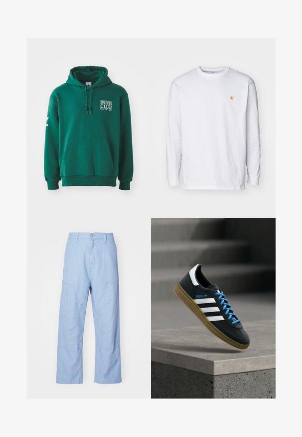Grøn hættetrøje lavet af blødt stof, med en kengurulomme, snørehætte og hvid tekstbranding på brystet og ærmet.; Hvid langærmet t-shirt lavet af bomuld. Har et lille gyldent logo på brystet og en rund halsudskæring. Enkel design og standard pasform.; Lyseblå linnedragter med en afslappet pasform, der har patchlommer og synlige stikninger. Stof har et blødt, struktureret udseende.; Sort Adidas sneaker med hvide striber, blå snørebånd og gummisål, der svæver over gråt betontrin i blødt lys.