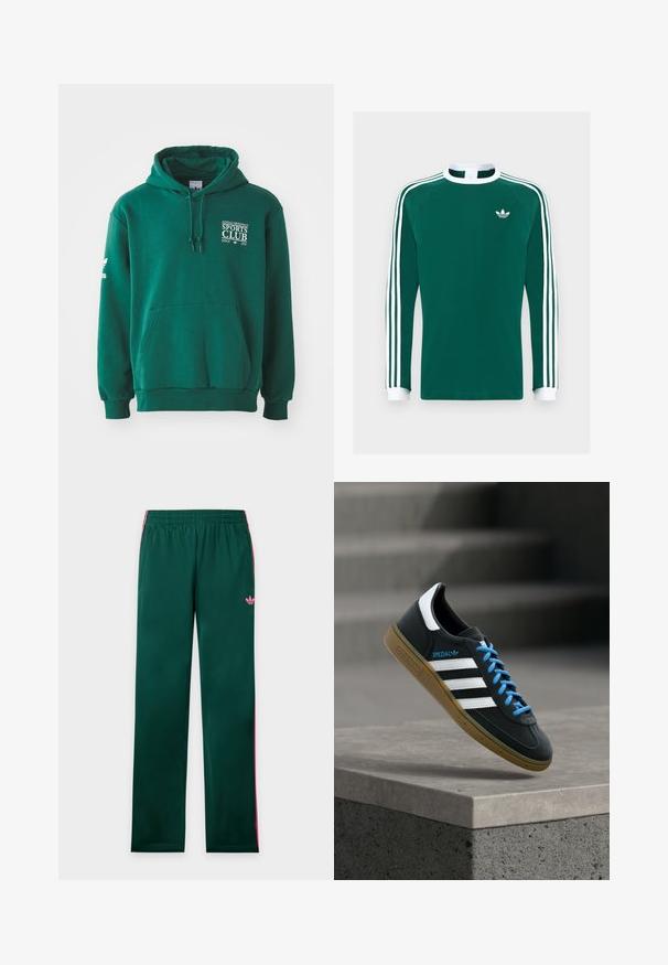 Sudadera verde hecha de tela suave, con un bolsillo canguro, capucha con cordón y un logotipo en texto blanco en el pecho y la manga.; Camisa de algodón verde de manga larga con cuello y puños blancos, que presenta tres rayas blancas en cada manga y un pequeño logotipo blanco en el pecho.; Pantalones deportivos verdes con rayas rosas en los laterales, cintura elástica, bolsillos y un pequeño logo rosa de Adidas en el muslo izquierdo.; Zapatilla negra Adidas con franjas blancas, cordones azules y suela de goma flotando sobre un escalón de hormigón gris con luz suave.