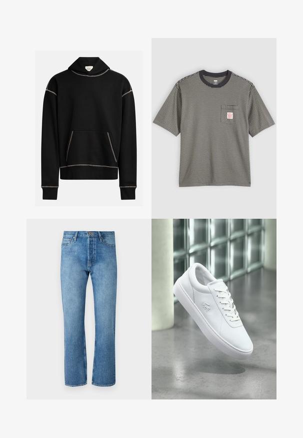 Haut noir à capuche avec des coutures blanches apparentes, poche kangourou à l'avant, et une étiquette à l'intérieur de la capuche portant l'inscription "REBEL".; T-shirt à manches courtes rayé en gris et noir, en coton, avec un col rond et une petite poche poitrine avec une étiquette.; Jeans en denim bleu clair avec une coupe droite, présentant un design classique à cinq poches, une fermeture à bouton et des coutures contrastantes.; Baskets basses blanches avec un design à lacets et un logo crocodile en relief, positionnées au-dessus d'un sol gris poli avec un mur en blocs de verre en arrière-plan.