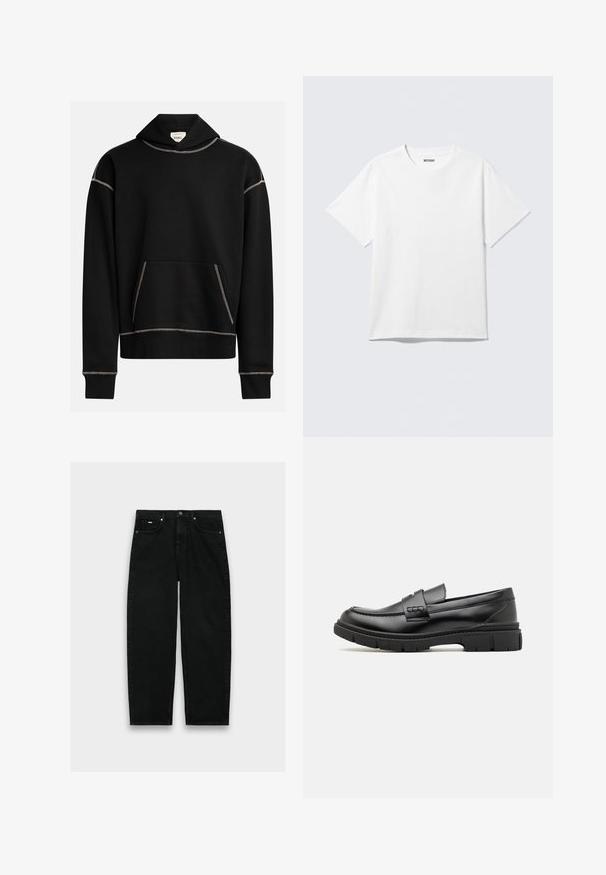 Haut noir à capuche avec des coutures blanches apparentes, poche kangourou à l'avant, et une étiquette à l'intérieur de la capuche portant l'inscription "REBEL".; T-shirt blanc à manches courtes et col rond, étalé à plat, design uni, avec l'étiquette "WEEKDAY" à l'intérieur du col sur un fond clair.; Jeans noirs à taille haute et jambes droites, cinq poches, fermeture par bouton et passants pour ceinture sur fond blanc.; Mocassin en cuir noir avec une large sangle sur le devant, semelle en caoutchouc à épaisse rainure, et texture lisse. Design classique et élégant.
