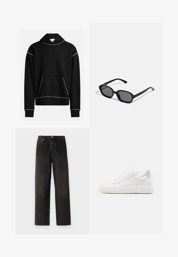 Haut noir à capuche avec des coutures blanches apparentes, poche kangourou à l'avant, et une étiquette à l'intérieur de la capuche portant l'inscription "REBEL".; Jean en denim noir avec un design à jambe droite, featuring un style à cinq poches, bouton en laiton et des variations de texture subtiles sur le tissu.; Des baskets en cuir blanc avec une finition lisse, un bout rond, des lacets plats et une semelle texturée. Accents en daim gris au niveau du talon.; Zign by Zalando Lunettes de soleil - black