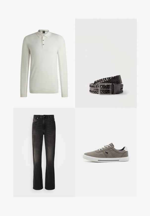 BOSS LANCIONE - Striktrøje - open white eleven; Sorte denimjeans med afslappet pasform, lige ben og falmet tekstur. Har en frontknaplukning og design med fem lommer.; Grå canvas sneakers med hvid gummisål, rund tå og marineblå detaljer. Har tofarvede snørebånd og et logo på siden.; Flettet brunt læderbælte med en sølvfarvet rektangulær spænde og en glat læderaccent nær spænden med brandingsdetalje.