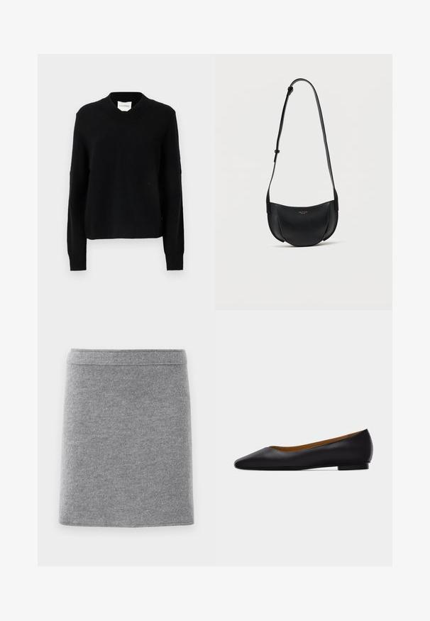 Sort v-hals sweater lavet af tekstureret strikstof, med lange ærmer og ribbede manchetter, en afslappet silhuet og logoetiket i halsudskæringen.; Grå uld knælang blyantskirt med en tætsiddende talje og glat tekstur, præsenteret fladt mod en hvid baggrund.; Sort læder flad sko med spids tå, lav hæl og glat finish, vist fra siden på en lysegrå baggrund.; Sort læder crossbody-taske i halvmåneform med justerbar rem og lille guldlogo foran i midten.