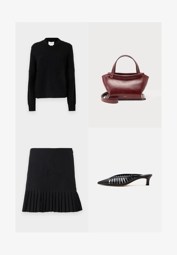 Pull noir en V en tissu tricoté texturé, doté de manches longues et de poignets côtes, avec une silhouette décontractée et une étiquette de logo dans le décolleté.; Jupe plissée noire avec des panneaux diagonaux cousus, une taille cintrée et un ourlet évasé. Les matériaux semblent légers et lisses.; Mule en cuir noir avec bout pointu, design découpé à brides et petit talon kitten sur fond blanc.; Sac à main en cuir rouge foncé avec doubles poignées supérieures, bandoulière amovible, ferrures dorées et nom de la marque Wandler au centre avant.