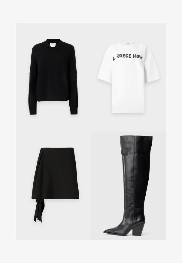 Zwarte v-hals trui gemaakt van gestructureerde breistof, met lange mouwen en ribgebreide manchetten, een ontspannen silhouet en een merketiket in de hals.; Witte T-shirt met korte mouwen en zwarte gebogen tekst "A. ROEGE HOVE" gedrukt op de borst, getoond tegen een effen achtergrond.; Zwarte rok met een strak ontwerp, voorzien van een zijstrikdetail, een gladde textuur en een gedrapeerd silhouet. Gemaakt van lichtgewicht stof.; Hoge zwarte leren laars met een spitse neus en een hoge, schuine blokhak, voorzien van verticale stiksels langs de schacht.