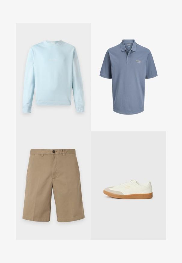 Hellblaue Sweatshirt aus weichem Baumwollstoff, mit Rundhalsausschnitt, gerippten Bündchen und einem kleinen, dezenten Logo auf der Vorderseite gestickt.; Blaues kurzärmeliges Poloshirt mit Kragen und zwei Knöpfen, mit dem "Jack & Jones"-Logo, das auf der linken Brust eingestickt ist.; Beige Shorts aus Baumwolle mit geradem Schnitt, zwei Fronttaschen und Knopfverschluss. Glatte Textur mit minimalistischem Design.; Sneaker aus weißem Leder mit einer beigen Zehenkappe und leichter brauner Gummisohle. Verfügt über flache weiße Schnürsenkel und geprägtes Branding an der Seite.