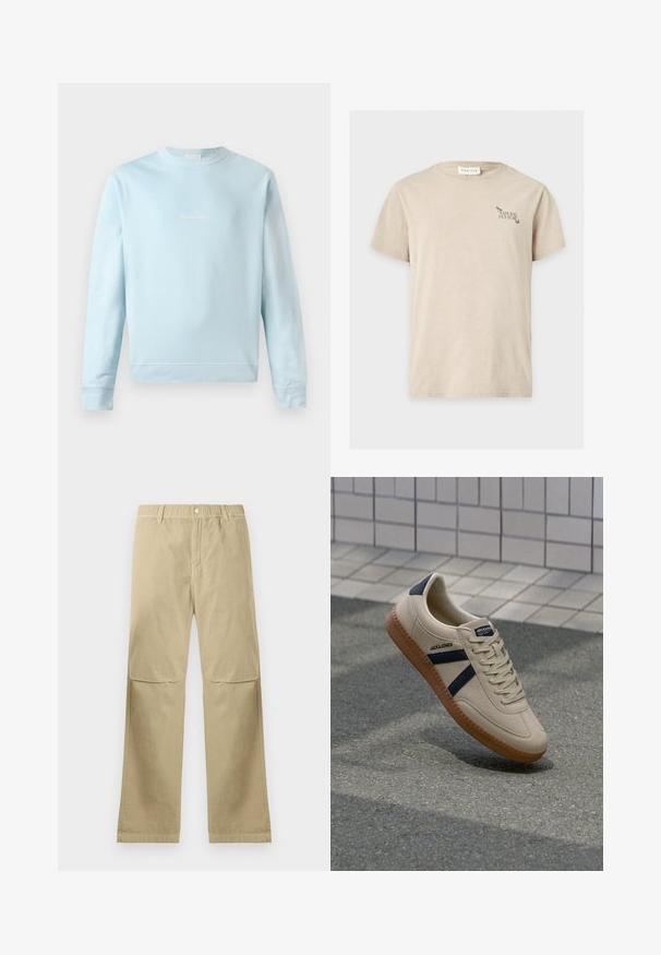 Lichtblauwe sweatshirt van zachte katoen, met een ronde hals, geribbelde mouwen en een klein, subtiel logo op de voorkant gestikt.; Beige T-shirt met korte mouwen met kleine zwarte tekst "Natural Culture" en insectenafbeeldingen op de bovenste linkerbovenzijde van de borst, label "Pier One" binnen de kraag.; Beige rechte broek met drukknoopsluiting, riemlussen en kniestiknaden, plat gelegd op een witte achtergrond.; Beige sneaker met een textuurafwerking, marineblauwe strepen en een rubberen zool. Heeft een gevoerde tong en een traditioneel vetersysteem voor een veilige pasvorm.