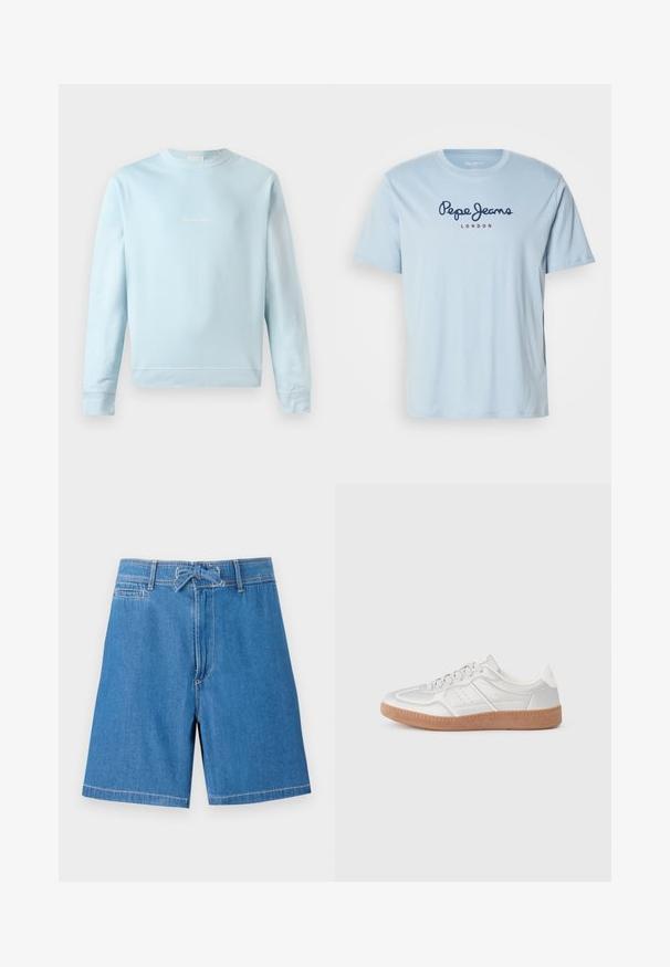 Lichtblauwe sweatshirt van zachte katoen, met een ronde hals, geribbelde mouwen en een klein, subtiel logo op de voorkant gestikt.; Lichtblauw katoenen T-shirt met korte mouwen, voorzien van een donkerblauw "Pepe Jeans" logo en rode "LONDON" tekst op de borst.; Lichtblauwe denim short met een trekkoord in de taille, voorzakken en contrasterende stiksels. Klassiek ontwerp, knielange snit.; Zilveren sneakers met een gladde textuur, vetersluiting, geperforeerde accenten en een gestructureerde bruine rubberen zool.