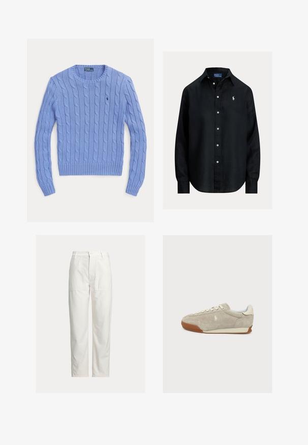 Hellblauer Pullover mit Zopfmuster, rundem Ausschnitt, gerippten Bündchen und Saum, mit einem kleinen gestickten Logo auf der Brust.; Schwarzes, langärmliges Hemd mit Knopfleiste, Kragen, weißen Knöpfen und kleinem, weiß besticktem Polo Ralph Lauren Logo auf der linken Brust.; Weiße Hose mit geradem Bein, großen aufgesetzten Taschen vorne, Gürtelschlaufen und Knopfverschluss in der Taille.; Beiger Wildleder-Sneaker mit weißen Schnürsenkeln, Gummisohle und kleinem gesticktem Logo an der Seite, von links auf weißem Hintergrund gesehen.