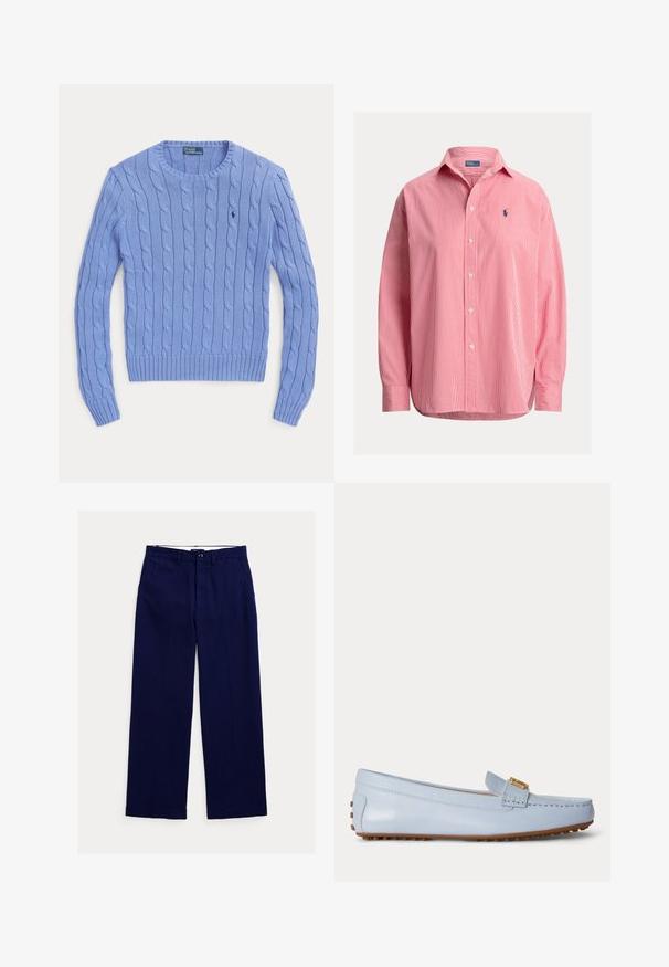 Hellblauer Pullover mit Zopfmuster, rundem Ausschnitt, gerippten Bündchen und Saum, mit einem kleinen gestickten Logo auf der Brust.; Rotes und weißes, schmal gestreiftes, langärmliges Hemd mit Knopfleiste, Kragen und kleinem, dunkelblau besticktem Logo auf der linken Brust.; Marineblaue, gerade geschnittene Hose mit Gürtelschlaufen, Knopfverschluss vorne und Seitentaschen auf weißem Hintergrund.; Hellblauer Lederloafer mit braunen Gummistollen an der Sohle und goldener Schnalle vorne, seitlich dargestellt.