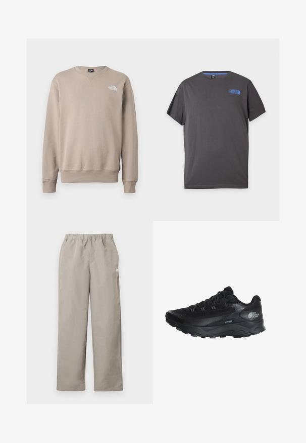 Beige huppari, joka on valmistettu puuvillasekoitteesta. Ominaisuuksiin kuuluu ribbaus kauluksessa, hihoissa ja helman ympärillä; vasemmassa etuosassa valkoinen logo. Klassinen rento malli.; Tummanharmaa lyhythihainen pyöreäkauluksinen t-paita, jossa pieni sininen The North Face -logo vasemmassa ylärintapäässä valkoisella taustalla.; Beiget suorat housut, joissa on joustava vyötärönauha ja pieni valkoinen logo oikeassa sivusaumassa.; Mustat urheilukengät, joissa on hengittävä verkkomateriaali, kumipohja, tekstuuriset yksityiskohdat ja vahvistettu kärki kestävyyn.