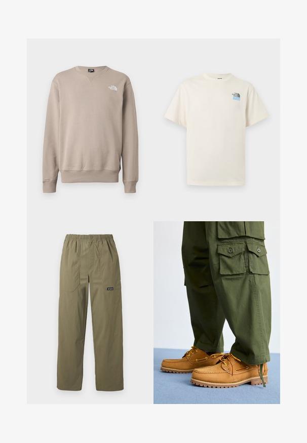 Beige huppari, joka on valmistettu puuvillasekoitteesta. Ominaisuuksiin kuuluu ribbaus kauluksessa, hihoissa ja helman ympärillä; vasemmassa etuosassa valkoinen logo. Klassinen rento malli.; Vanhanvalkoinen lyhythihainen T-paita pyöreällä pääntiellä ja vasemmassa rinnassa pieni musta ja sininen The North Face -logo.; Oliivinvihreät suorat housut, joissa on joustava vyötärönauha, etutaskut, napitus ja Columbian logo oikeassa taskussa.; Timberland AUTHENTIC 3 EYE - Purjehduskengät - wheat