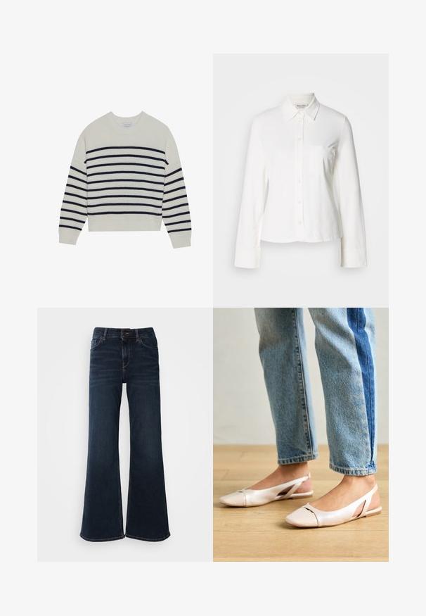 Pull créme avec des rayures horizontales navy, texture côtelée, col rond et manches longues. Coupe décontractée avec un design court.; Chemise blanche à manches longues avec un col pointu, une poche poitrine à l'avant et des manches à poignets, affichée sur un fond uni.; Mos Mosh HERA - Jean flare - dark blue; Ballerines slingback rose pâle avec un bout pointu, fabriquées en un matériau semblable au cuir lisse. Présentent des découpes sur les côtés et un talon plat.