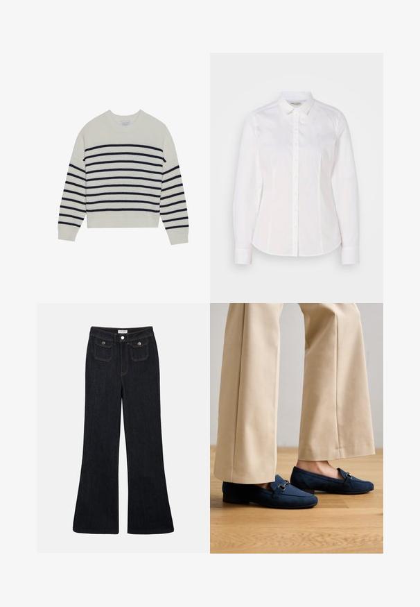 Cremefarvet sweater med marineblå vandrette striber, ribbet tekstur, rund halsudskæring og lange ærmer. Løs pasform med cropped design.; Hvid skjorte med knaplukning lavet af glat bomuld, med klassisk krave, lange ærmer og et diskret logo på brystet. Har frontknaplukning.; Sorte denim jeans med høj talje, flared ben, to frontlommer og orange syninger. Materialet ser solidt og glat ud.; Mørkeblå fløjlsloafers med rund tå, lille hæl og sølvhardwaredetalje over toppen. Båret med beigefarvede bukser med brede ben.