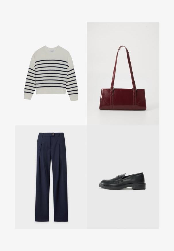 Pull créme avec des rayures horizontales navy, texture côtelée, col rond et manches longues. Coupe décontractée avec un design court.; Pantalon formel bleu marine avec fermeture par bouton, passants de ceinture et plis avant, présenté sur fond blanc.; Mocassins en cuir noir avec un bout arrondi, des détails cousus et un petit talon. Texture lisse et semelle en caoutchouc flexible.; Sac à main bordeaux en matériau brillant, de forme rectangulaire, avec deux anses et des accents légèrement courbés à l'avant.