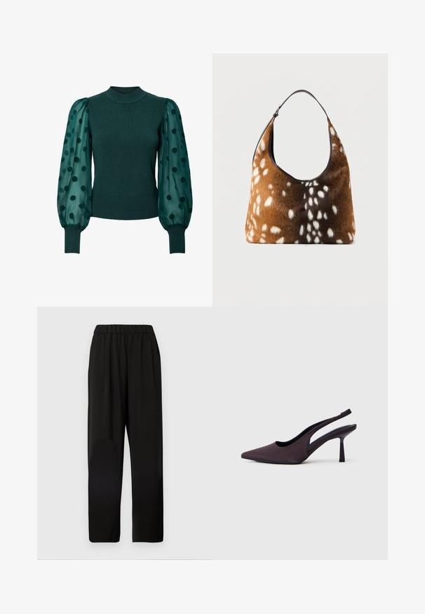 Pull vert côtelé avec un col montant et des manches bouffantes transparentes ornées de pois noirs. Un ourlet ajusté et des poignets complètent le design.; Pantalons larges noirs avec une taille élastique, fabriqués en tissu doux, présentant une coupe décontractée et une forme droite.; Chaussure à talon slingback en tissu violet foncé. Design à bout pointu, côtés ouverts, et talon mince de forme carrée. Texture lisse.; Sac à main marron et noir avec une texture en fourrure blanche tachetée, doté d'une seule bandoulière noire, sur un fond uni.