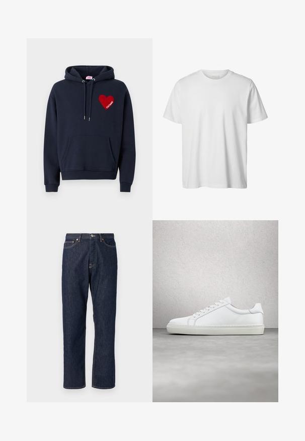 Σκούρο ναυτικό hoodie με τσέπη καγκουρό, διακοσμημένο με ένα κόκκινο μπατζάκι καρδιά με τη λέξη "ΜΕΛΛΟΝ" στα λευκά. Κατασκευασμένο από μαλακό ύφασμα, σε χαλαρή εφαρμογή.; Απλό λευκό κοντομάνικο μπλουζάκι με στρογγυλή λαιμόκοψη, άνετη εφαρμογή και χωρίς ορατά λογότυπα ή σχέδια στο μπροστινό μέρος.; Σκούρα μπλε τζιν παντελόνι με σχέδιο ευθείας γραμμής. Διαθέτει κλείσιμο με κουμπί και φερμουάρ, πέντε τσέπες και λεπτομέρειες ραφής σε αντίθεση.; Λευκό αθλητικό παπούτσι με άνω μέρος από λείο δέρμα και χαμηλό προφίλ. Διαθέτει στρογγυλεμένη μύτη, έξι τρυπούλες και υφασμένη καουτσούκ σόλα.