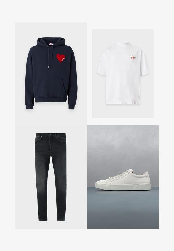 Hoodie bleu marine foncé avec une poche kangourou, arborant un patch en forme de cœur rouge avec le mot "FUTURE" en blanc. Fabriqué en tissu doux, coupe décontractée.; T-shirt blanc à manches courtes avec un petit logo "PICANTE" et un motif de piment rouge sur la partie supérieure gauche de la poitrine.; Jean noir slim fit délavé avec poches avant, passants de ceinture et fermeture à bouton, présenté sur un fond clair.; Baskets en cuir blanc avec un bout arrondi, design minimaliste, lacets gris et semelle en caoutchouc gris texturé. Détails de couture subtils visibles.