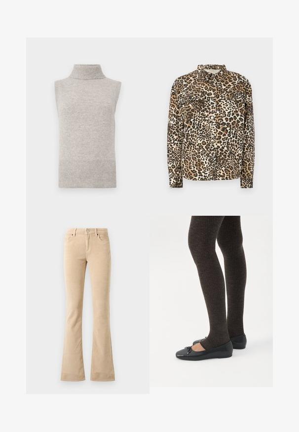 Käeaukudeta beežist soonikust turtleneck-sviitrivist, millel on soonikdateed ja ääred, valgel taustal.; Leopardi mustriga särk pika varrukaga, nööbiga kinnitamine, kaks rinnakotti ja klassikaline krae. Valmistatud pehmest, tekstureeritud materjalist.; Beesidist kampsuniga flared püksid, millel on tekstuur, kaks esimest taskut, lukuga esiosa ja hõbedane nööpDetail.; Jalad seljas tumedad soonelises soonelises kombines mustade baleriinadega, millel on väikesed paelade detailid valgel taustal.