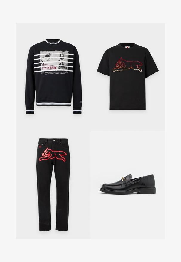 Sweat-shirt noir à col rond avec des rayures blanches sur le col, les poignets et l'ourlet, arborant un personnage de dessin animé usé et le texte "BUSTED".; T-shirt en coton noir avec un motif de strass rouges et oranges représentant un chat sautant sur le devant. Manches courtes, col rond.; Jean en denim noir avec un grand motif rouge représentant un chat bondissant sur la cuisse gauche. Design classique à cinq poches avec quincaillerie métallique.; Mocassins en cuir noir avec un embout rond, présentant des accents en métal doré et des détails de couture, montés sur une semelle en caoutchouc texturé et basse.