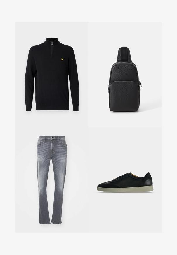 Zwarte zip-trui gemaakt van een gladde stof, met lange mouwen en een klein geel logo op de linker borst.; Grijze denim jeans met een rechte pasvorm, voorzien van een vervaagde textuur, vijf zakken en riemlussen. Gestikte zoom en klassieke knoopsluiting.; Zwarte leren sneaker met lage schacht, zwarte veters en een lichtgrijze platte rubberen zool, zijaanzicht op een witte achtergrond.; BOSS NEW CROSSTOWN - Schoudertas - black