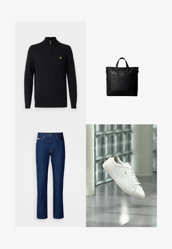 Pull noir à col zippé en tissu lisse, doté de manches longues et d'un petit logo jaune sur la poitrine gauche.; Jean en denim bleu foncé avec une coupe droite, doté d'une fermeture éclair et d'un bouton, de cinq poches et de détails de couture subtils.; Baskets basses en cuir blanc avec lacets, languette de talon noire et logo « BOSS », flottant à l'intérieur près d'un mur en blocs de verre et d'un sol poli.; Sac cabas noir avec doubles poignées, grande poche avant en cuir avec fermeture éclair et logo discret Calvin Klein au centre de la poche.