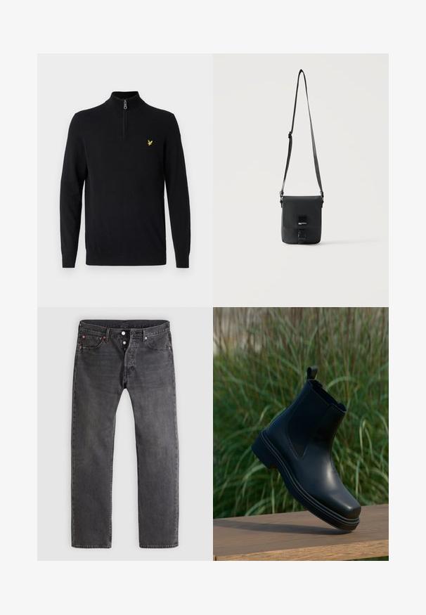 Sort zip-hals sweater lavet af et glat stof, med lange ærmer og et lille gult logo på venstre bryst.; Falsk sort denim jeans med en lige ben-design, knaplukning og kobbernitter. Har fem lommer og diskrete slidmønstre.; Sorte læder Chelsea støvler med elastiske sider, rund tå, lav hæl og en strop bagpå, mod en sløret grøn baggrund.; Sort læder crossbody taske med justerbar rem, klaplukning og lille metal logo plade foran.
