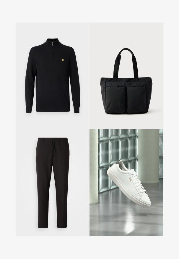 Mustas kaelus sviiter, valmistatud siledast kangast, millel on pikad varrukad ja väike kollane logo vasakul rinnal.; Mustad jogger-püksid, mis on valmistatud siledast kangast. Omavad elastset pihaotsikut koos paelaga, kitsenevaid jalaosi ja nähtamatuid taskuid. Lihtne disain.; Valge nahast madala säärega tenniskingad paeltega, must kannaosa ja "BOSS" logo, hõljuvad siseruumis klaasplokkidest seina ja läikiva põranda lähedal.; Must mustkott, millel on pehme kangas, kaks esi-taskut ja tugevad sangad. Logo on küljel nähtav. Lihtne ja funktsionaalne disain.
