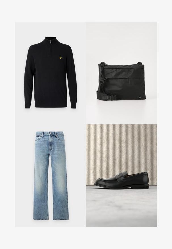 Zwarte zip-trui gemaakt van een gladde stof, met lange mouwen en een klein geel logo op de linker borst.; Lichtblauwe denim jeans met rechte pijpen, een hoge taille, vijf zakken, knoopsluiting en subtiele vervaging op de dijen en knieën.; Zwarte leren loafer met een metalen merktekenplaatje, rustend bij een bruine ronde tafel op een beige tapijtvloer.; Zwarte nylon boodschappentas met verstelbare riem, plat ontwerp en een zijlabel met een logo. Soepele textuur en minimalistische stijl.