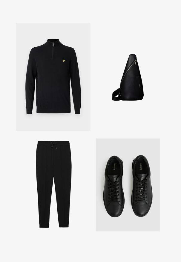 Pull noir à col zippé en tissu lisse, doté de manches longues et d'un petit logo jaune sur la poitrine gauche.; Pantalons de sport noirs avec une taille à cordon de serrage, des jambes fuselées et des poignets côtelés. Fabriqués dans un tissu doux au toucher lisse.; Baskets en cuir noir avec une finition lisse, dotées d'un bout rond, d'un laçage à six œillets et d'une semelle en caoutchouc à profil bas.; Sac à dos à bandoulière en cuir noir avec fermeture éclair diagonale argentée et sangle réglable, design minimaliste et texture lisse.