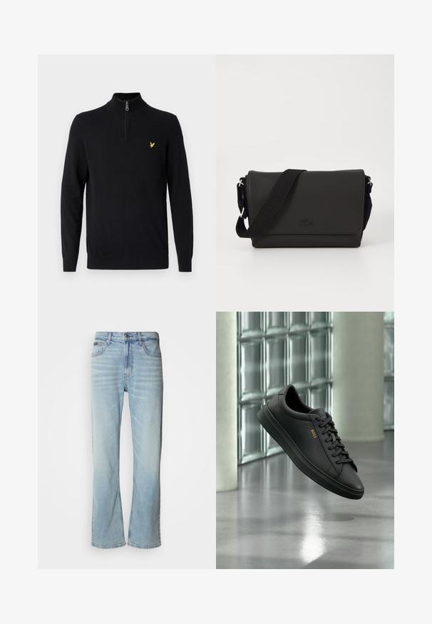 Sort zip-hals sweater lavet af et glat stof, med lange ærmer og et lille gult logo på venstre bryst.; Lyseblå denimjeans med lige ben, der har fem lommer, knaplukning og en subtil falmning på stoffet.; Sort lavtopet lædersneaker med sorte snørebånd og gyldent BOSS-logo på siden, svævende over en blank grå gulv i et moderne indendørs rum.; Lacoste MESSENGER BAG MEN CLASSIC - Skuldertasker - noir