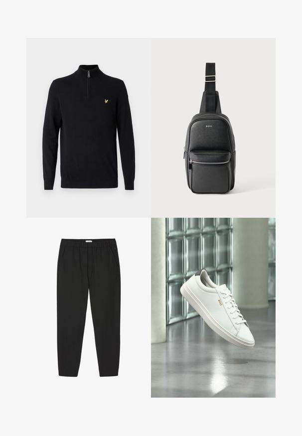 Zwarte zip-trui gemaakt van een gladde stof, met lange mouwen en een klein geel logo op de linker borst.; Zwarte broek met elastische taille, rechte pijpen en zijzakken, ontworpen voor casual of professioneel gebruik.; Witte leren lage sneaker met veters, zwarte hielstrook en "BOSS"-logo, zwevend binnenshuis bij een glazen stenen muur en gepolijste vloer.; Zwarte leren crossbodytas met verstelbare band, voorvak met rits en "BOSS"-logo op een gladde, gestructureerde oppervlakte.