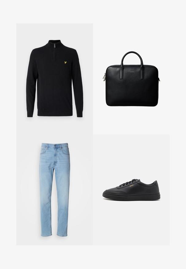 Zwarte zip-trui gemaakt van een gladde stof, met lange mouwen en een klein geel logo op de linker borst.; Lichtblauwe denim jeans met een rechte pasvorm, vijf zakken en riemlussen. De stof heeft een gladde textuur met een lichte vervaging.; Zwarte leren sneakers met een gladde textuur, ronde neus, platte rubberen zool en tonale veters. Kenmerkt zich door de gouden "BOSS" branding aan de zijkant.; Zwarte gestructureerde leren aktetas met dubbele handvatten en zilveren ritstrekkers, gecentreerd op een witte achtergrond.
