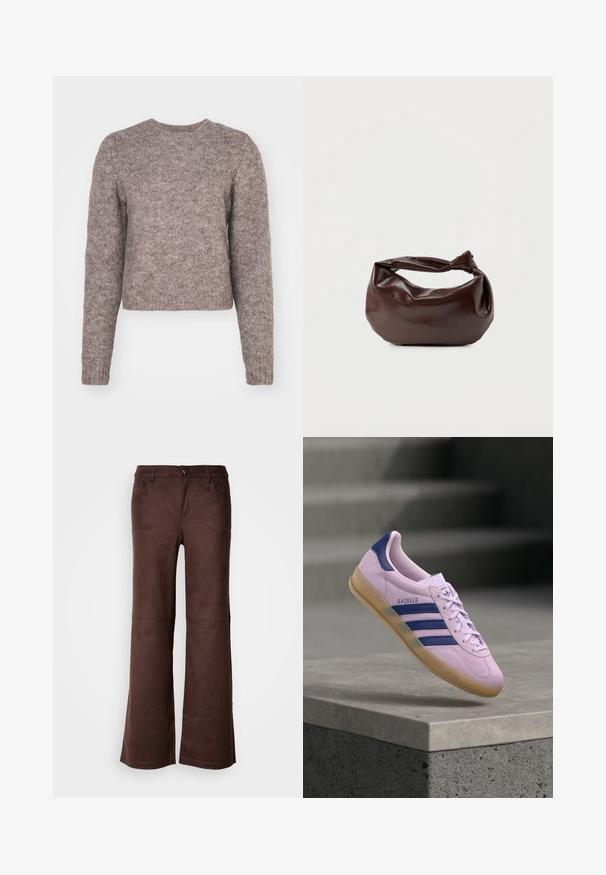Suéter corto color marrón claro, con mangas largas, escote redondo y un tejido de punto texturizado. Sin patrones visibles ni detalles de herrajes.; Pantalones de campana marrones en un tejido suave y parecido al ante. Presentan cuatro bolsillos, un cierre de botón y una superficie lisa y texturizada.; Zapatilla Adidas Gazelle de color morado claro con rayas azul marino y lengüeta en el talón, suela de goma, flotando sobre un saliente de piedra con escaleras borrosas al fondo.; Bolso de hombro de cuero marrón oscuro con una forma suave y caída, y un asa con nudo torcido sobre un fondo blanco liso.