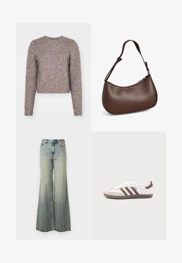 Lys brun, cropped sweater med lange ærmer, rund halsudskæring og et struktureret strikstof. Ingen synlige mønstre eller hardwaredetaljer.; Lyseblå vide jeans lavet af denim, med høj talje, bleget vask og sidelommer med synlige stikninger.; Hvid Adidas Samba sneaker med brune ruskindstriber, brun gummisål og beige ruskindståhætte, vist fra ydersiden på en ensfarvet baggrund.; Lille brun skuldertaske i læder med justerbar rem og lynlåslukning, vist mod hvid baggrund. Ingen synligt branding eller dekorationer.