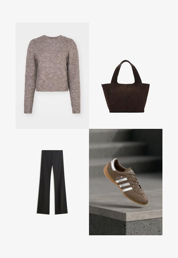 Lys brun, cropped sweater med lange ærmer, rund halsudskæring og et struktureret strikstof. Ingen synlige mønstre eller hardwaredetaljer.; Sorte, flarede bukser med en glat tekstur, der har en skræddersyet pasform og en talje. Ingen synlige mønstre eller udsmykninger.; Brun ruskindssneaker med hvide striber og sølvdetaljer, med tekstureret overdel, snørelukning og gummisål i caramelfarve.; Mørkebrunt ruskind shopper med brede skulderstropper og trapezform, med en central søm og glat tekstur.