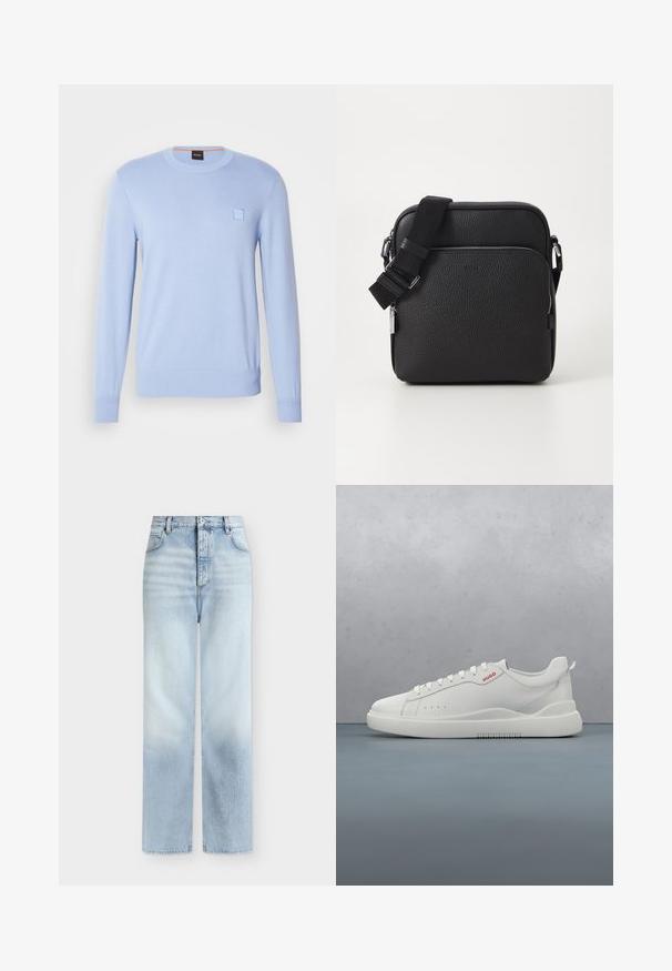 Lichtblauwe gebreide trui met een ronde hals, lange mouwen en een klein ton-sur-ton logo-opnieuw op de borst. Gladde textuur en aansluitende boorden.; Lichtblauwe, hoog getailleerde, rechte jeans met voorzakken, riemlussen en een knoopsluiting.; Witte sneaker met een gladde leren afwerking, ronde neus, vier veterogen, subtiele perforaties en een rood logo detail aan de zijkant.; Zwarte leren schoudertas met een gestructureerd oppervlak, voorzien van een voorzak met rits, een verstelbare schouderband en metalen accenten.