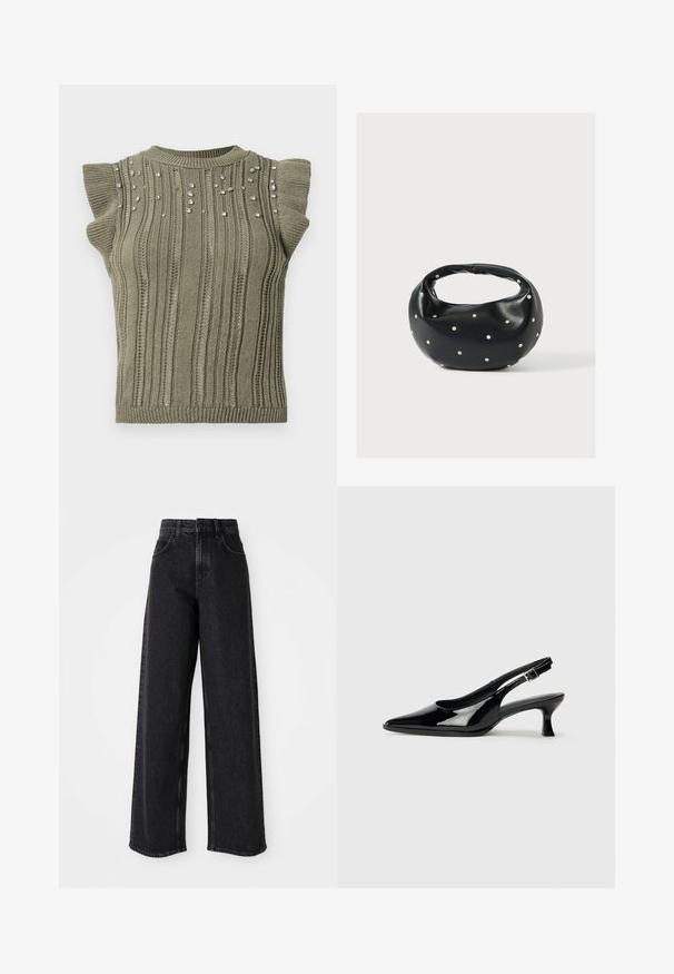 Top en tricot kaki avec texture côtelée, manches courtes à volants et accents de gemmes dispersés sur le devant. Encolure ras du cou et silhouette ajustée.; Jean en denim noir à taille haute et jambes larges, avec un design classique à cinq poches et des détails de couture subtils.; Escarpins en cuir verni noir avec un bout pointu et un petit talon carré. Sangle réglable à la cheville avec boucle.; Sac à main en cuir noir de forme arrondie, décoré de clous argentés et équipé d'une poignée courte. Texture lisse et fermeture éclair.