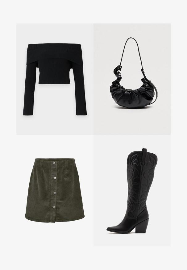 Sort, off-the-shoulder, ribbet jumper med lange ærmer; cropped design og tekstureret stof. Ingen dekorationer eller mønstre.; Kort mørkegrøn corduroy nederdel med a-linjeform, der har fem sølvfarvede knaplukninger foran og lodret ribbet tekstur.; Sorte knæhøje støvler i læder med spids snude og lagdelt hæl. Har dekorative syninger og buede designelementer.; Sort skindtaske med rynkede detaljer, justerbar skulderrem og stort sort hårspænde fastgjort til remmen på ensfarvet baggrund.