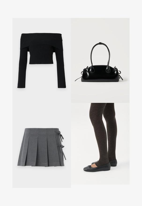 Suéter negro de canalé, sin hombros, con mangas largas; diseño corto y tejido texturizado. Sin adornos ni patrones.; Minifalda plisada gris en un tejido texturizado, que presenta un cierre anudado en un lado y una cintura lisa para mayor comodidad.; Piernas con leggings oscuros acanalados combinados con bailarinas negras que presentan pequeños detalles de lazo sobre un fondo blanco.; Pequeño bolso negro brillante con dos asas largas y detalles de cordón lateral sobre un fondo claro liso.