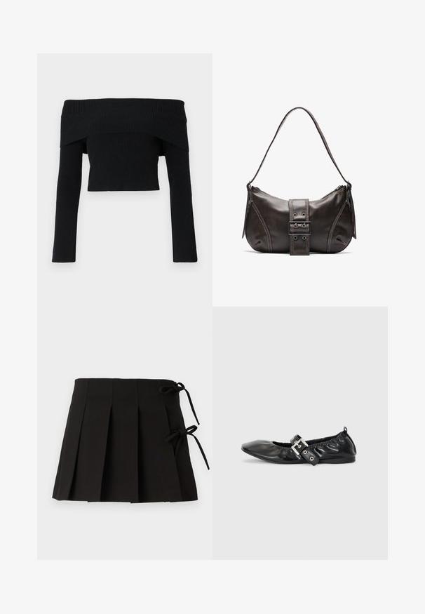 Sort, off-the-shoulder, ribbet jumper med lange ærmer; cropped design og tekstureret stof. Ingen dekorationer eller mønstre.; Sort plisseret nederdel med sidesnore, lavet af stof med en glat tekstur; har et struktureret design og rene linjer.; Sorte læder flade sko med spids tå, samling detaljer omkring åbningen, og en sølv spænde accent på den justerbare rem.; Brun læder skuldertaske med en buet form, der har et fremtrædende spænde, kontrasterende syninger og en enkelt skulderrem.