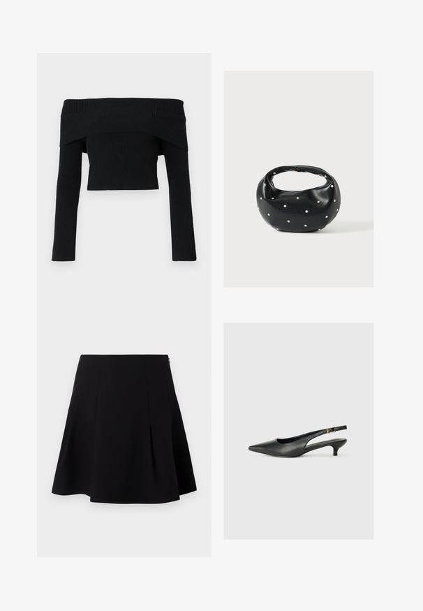 Sort, off-the-shoulder, ribbet jumper med lange ærmer; cropped design og tekstureret stof. Ingen dekorationer eller mønstre.; Sort flared nederdel med folder foran, en glat tekstur og en skjult lynlås lukning bagpå.; Sorte spidse slingback-sko lavet af glat læder. Har en tynd hæl og en spænde detalje på den justerbare rem.; Sort læderhåndtaske med en rundet form, dekoreret med sølvnitter, og et kort håndtag. Glat tekstur og lynlåslukning.
