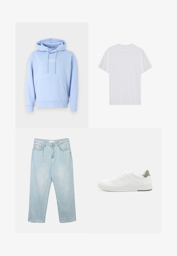 Sudadera azul claro de algodón suave, con un bolsillo frontal, capucha con cordón y estampado de logo en blanco en el pecho.; Camiseta de algodón blanca con mangas cortas, cuello redondo y una textura suave. Presenta una marca mínima en el escote.; Jeans de mezclilla azul claro con un corte relajado, cinco bolsillos, cierre de botón y ligeras desgastadas. La textura es suave y ligeramente usada.; Zapatilla blanca con material de cuero liso, punta redonda, diseño minimalista, acento gris en el talón y suela de goma texturizada.